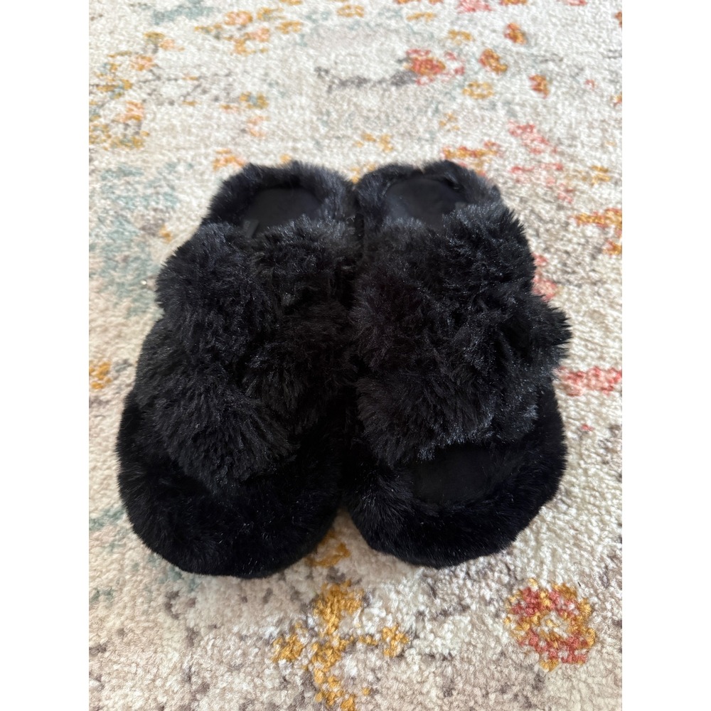 Coface Womens Black Faux‎ Fur Cross Band Slippers Open Toe House Shoes US 7